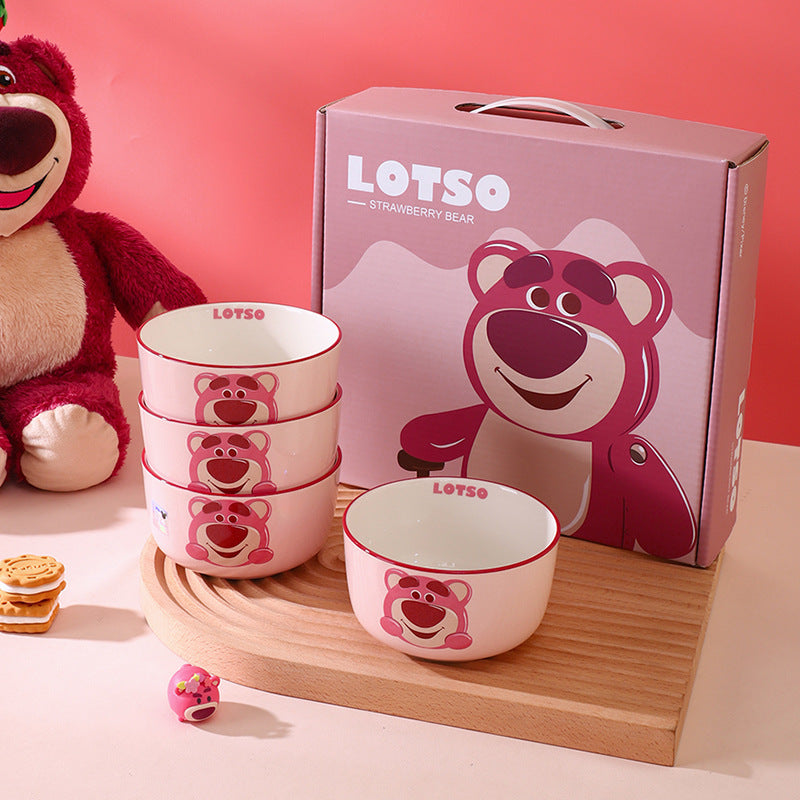High-value ceramic bowl gift box tableware set, cute strawberry bear home eating bowl cartoon holiday souvenir