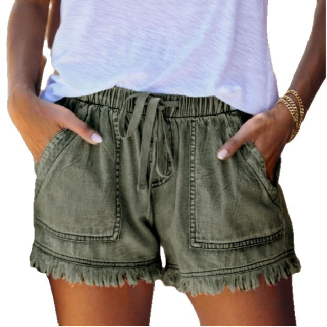 Amazon summer new arrivals  european and american foreign trade elastic waist drawstring casual high-waisted slimming denim shorts women's hot pants