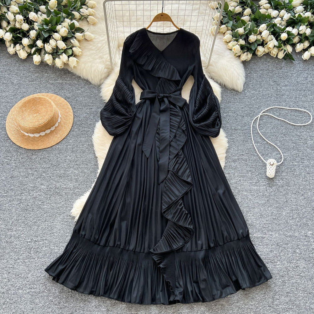 French style socialite issey miyake pleated v-neck long sleeve tie-waist ruffle hem maxi dress - elegant women's flowing dress