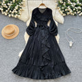 French style socialite issey miyake pleated v-neck long sleeve tie-waist ruffle hem maxi dress - elegant women's flowing dress