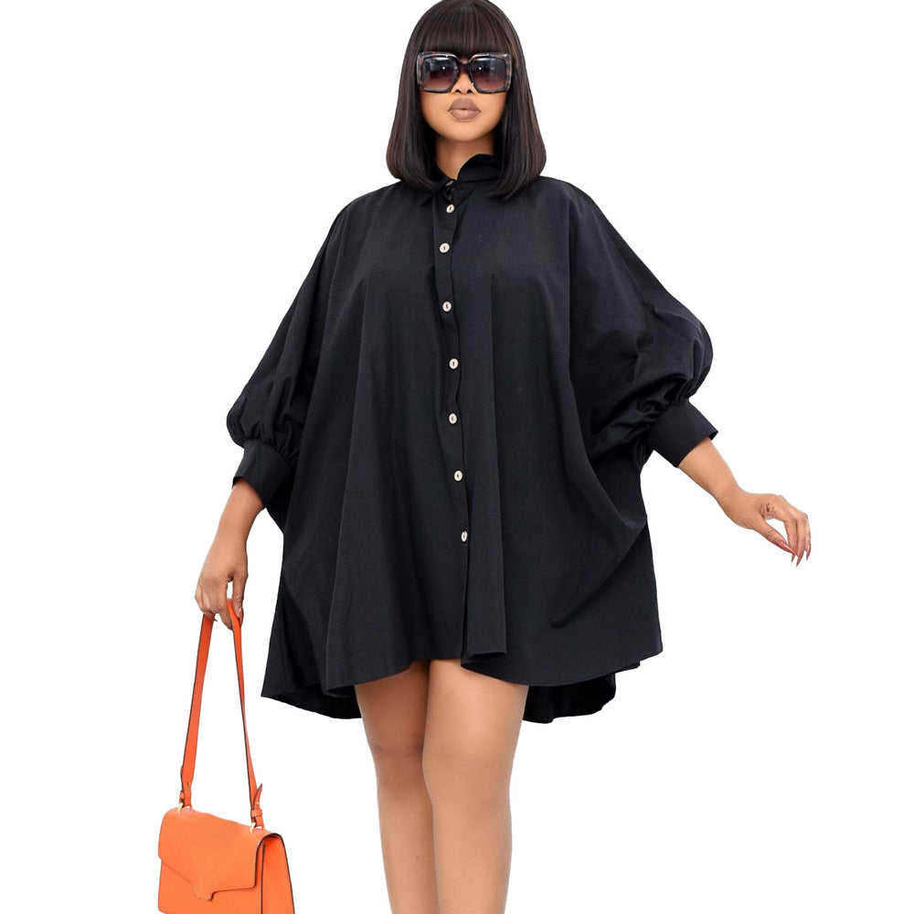 D3089  spring new arrival loose waist elegant lapel pure colorplus size shirt skirt european and american cross-border dress