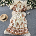 Bohemian print tie-waist dress - women's summer  v-neck slimming a-line maxi dress - red