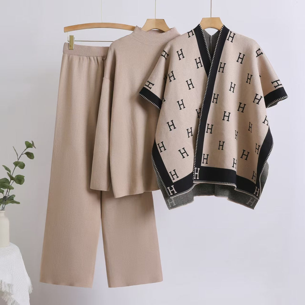 2025 autumn new arrival: chic capelet letter shawl jacket + solid color top + wide-leg pants knit three-piece set