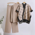 2025 autumn new arrival: chic capelet letter shawl jacket + solid color top + wide-leg pants knit three-piece set