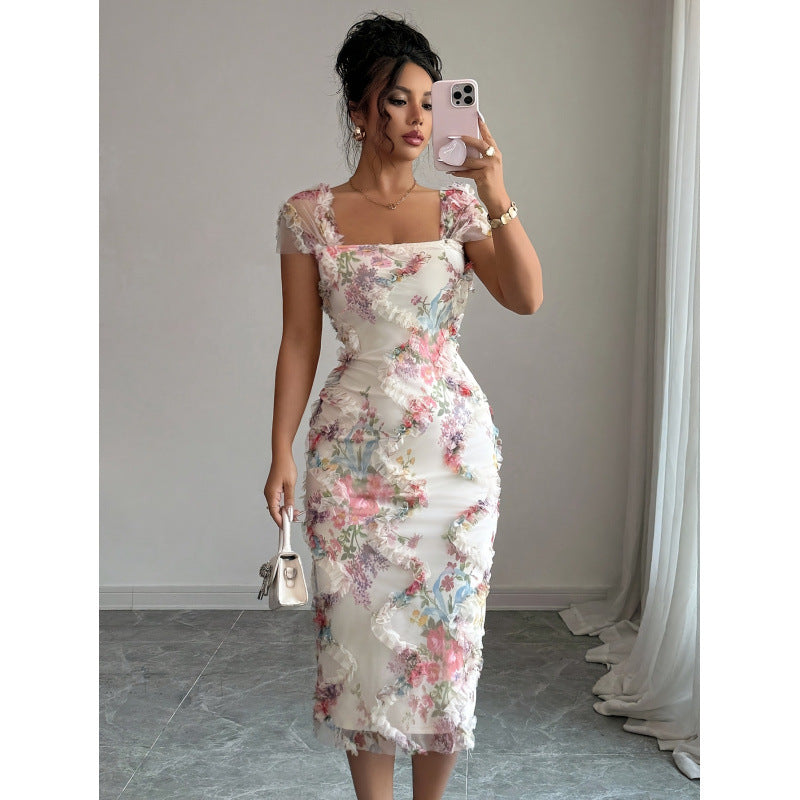 Women's elegant romantic mesh floral print ruched midi dress - perfect for weddings, parties, and dates