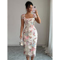 Women's elegant romantic mesh floral print ruched midi dress - perfect for weddings, parties, and dates