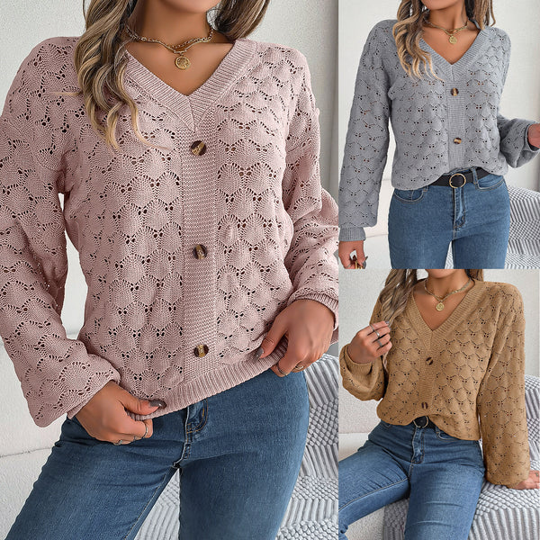 Real shot 2023 autumn and winter casual V-neck button hollow lantern sleeve pullover sweater, independent station  European and American women's clothing