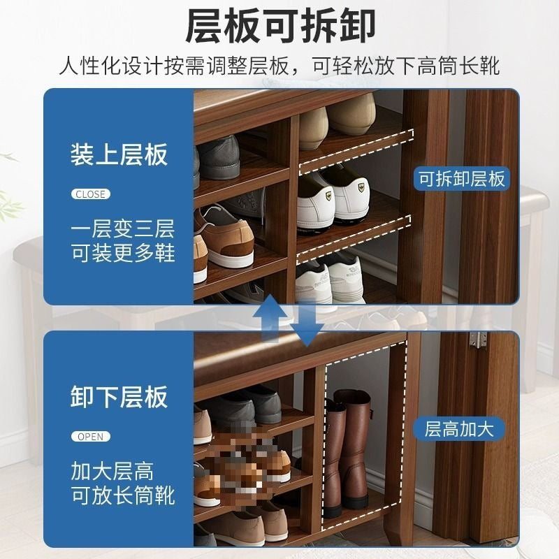 All solid wood multi-layer shoe rack, seated shoe changing stool at the door, narrow small shoe cabinet and stool outside the door of the household entrance