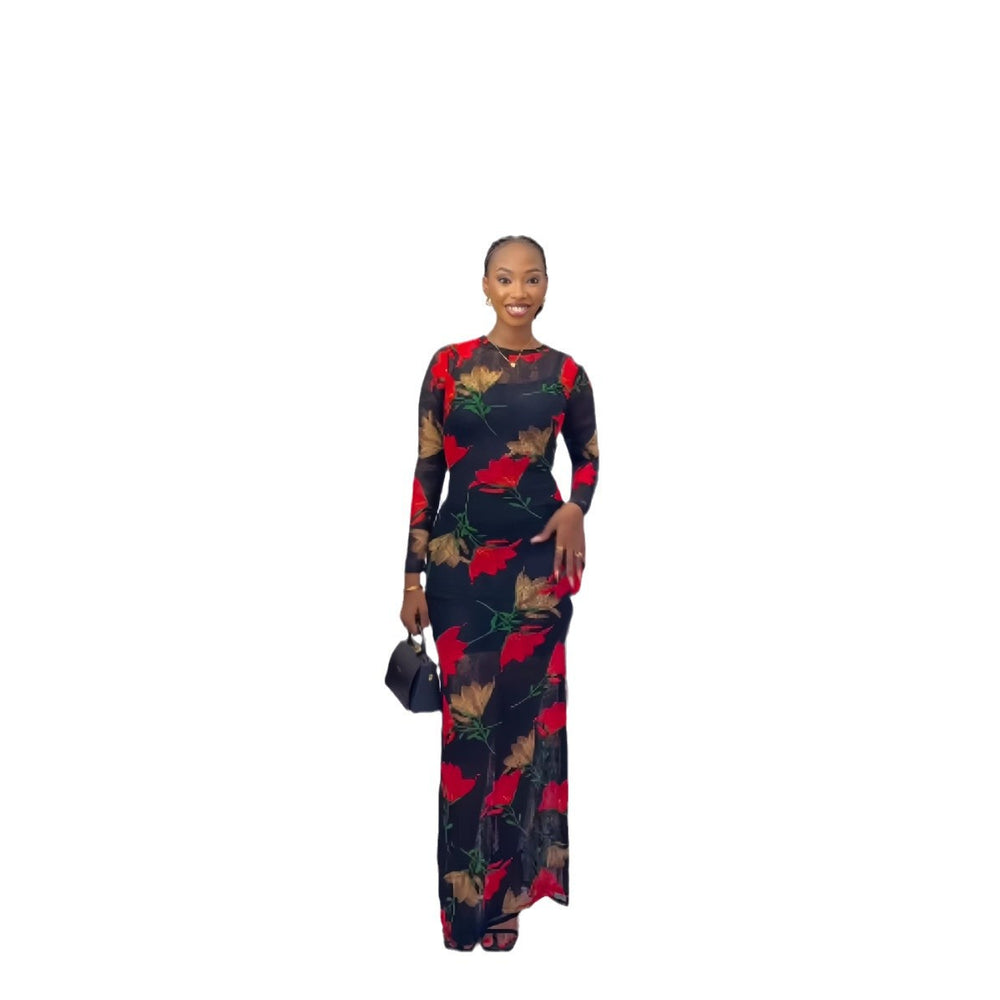 European and american cross-border women's clothing  autumn/winter new collection: long-sleeved, round neck, printed, slim-fit, elegant long dress set