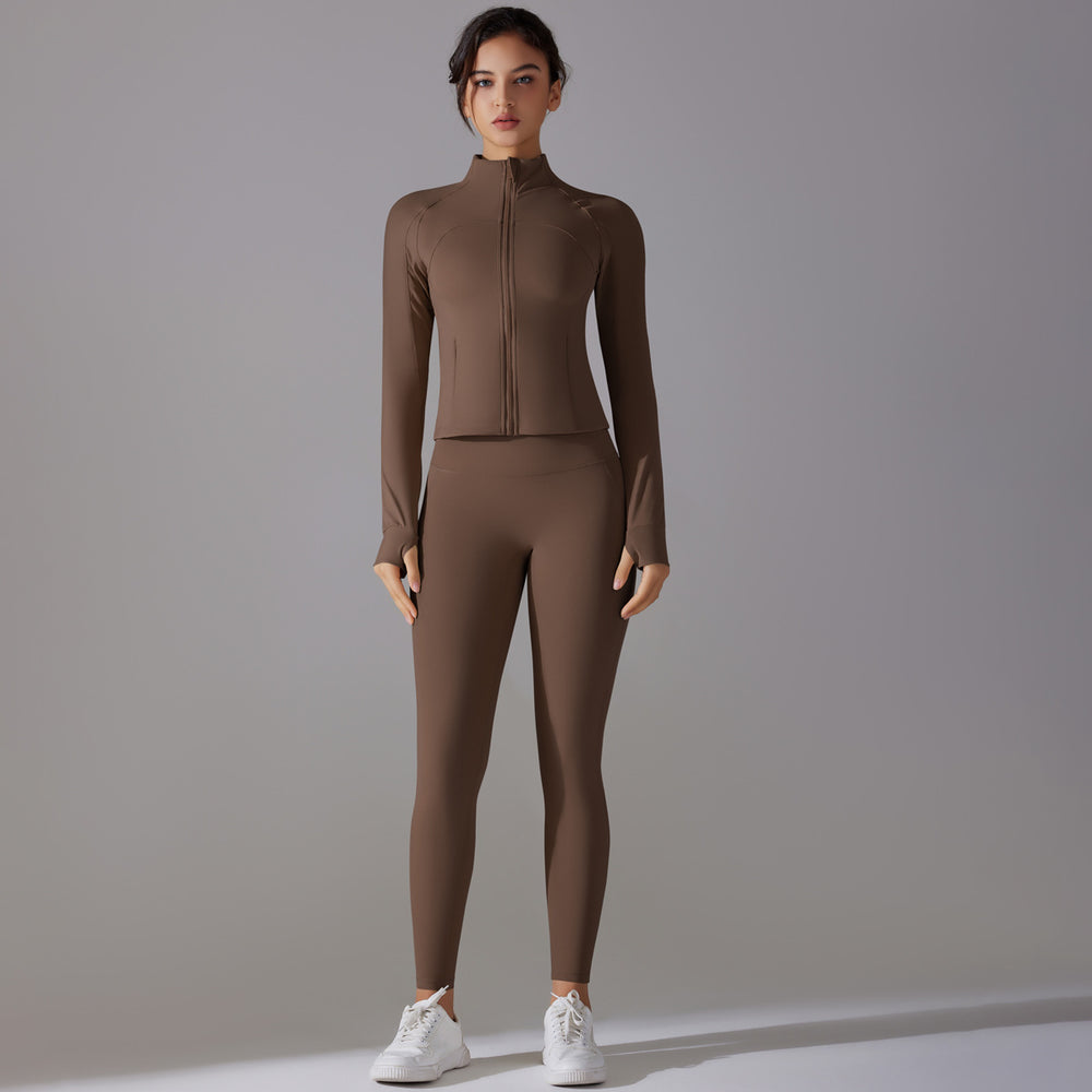New arrival: solid color antibacterial seamless underwear zip-up yoga set - two-piece activewear for running and fitness