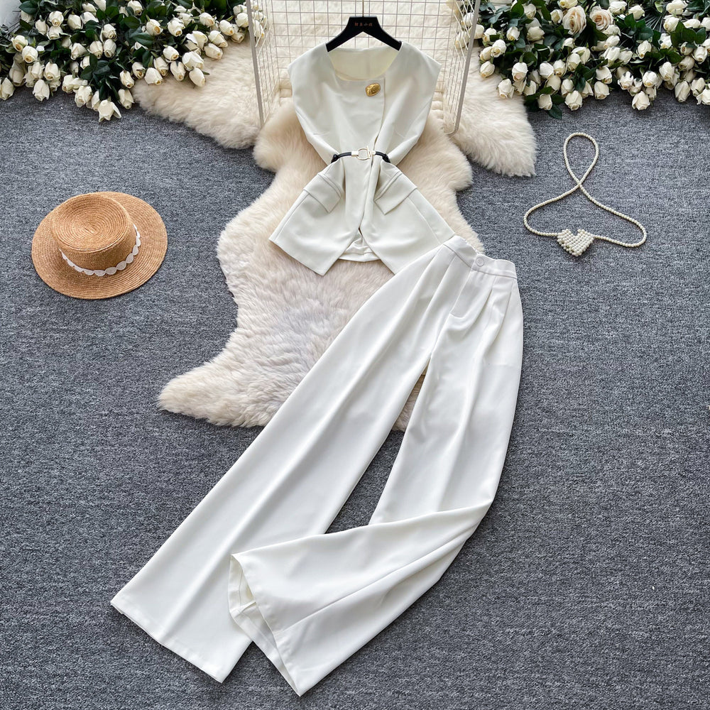 K-stylework clothing style vest high waistloose pantstwo-piece set women's summer silm type strap waist slimming looksuit