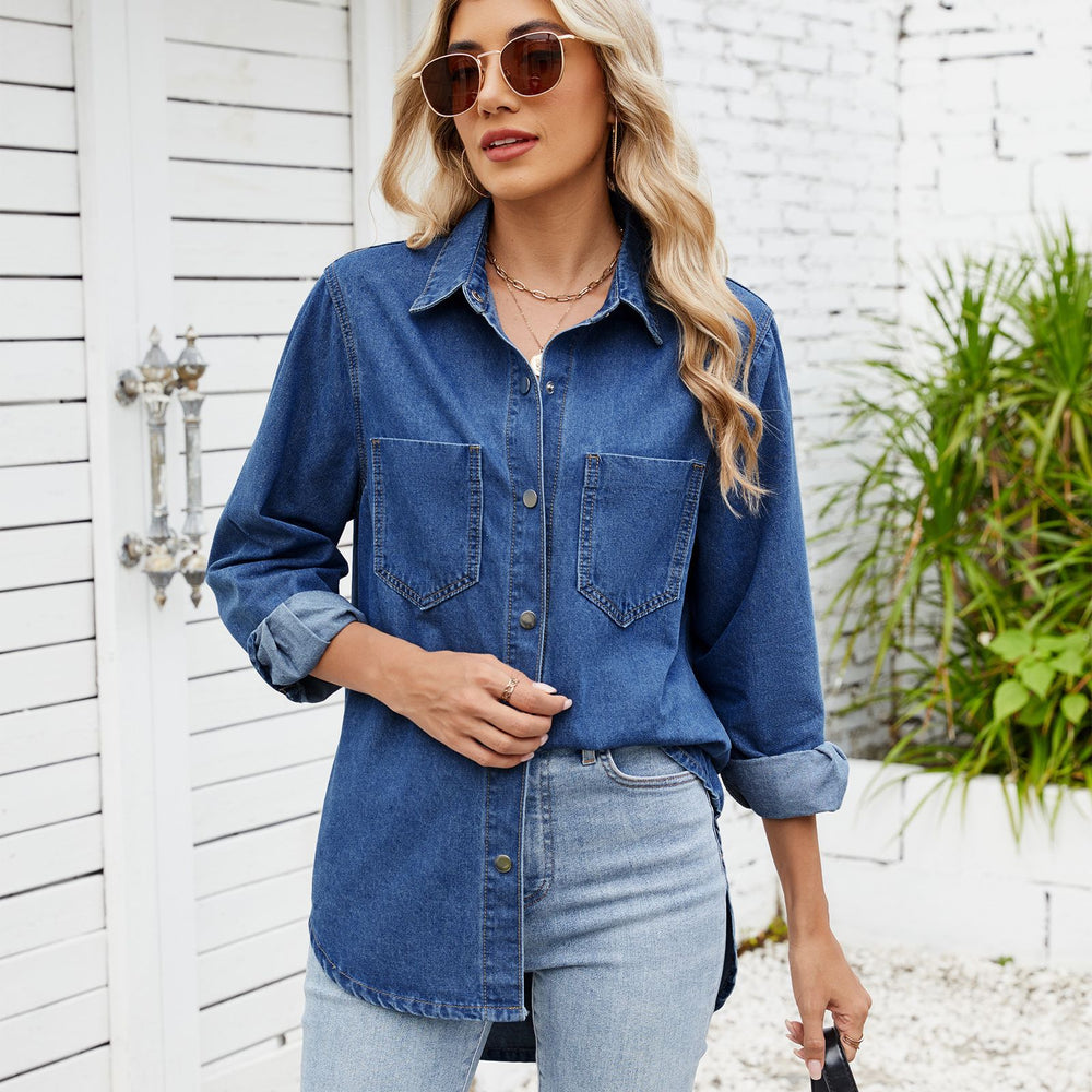 Wishfashion cross-border foreign trade women's clothing new  independent station washed looselong sleeves four-button denim lining