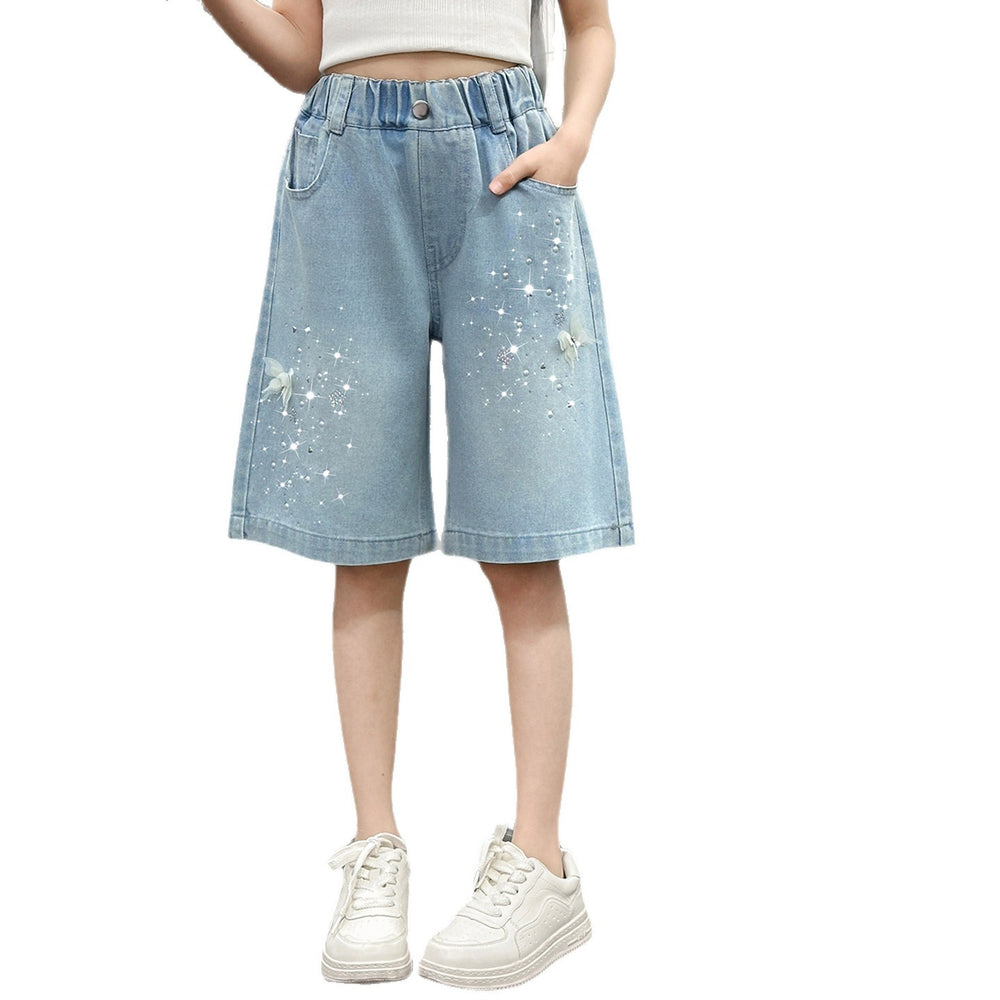 Girls' shorts - summer lightweight light wash denim mid-length shorts -  new summer fashionable pants - big kids' capri shorts