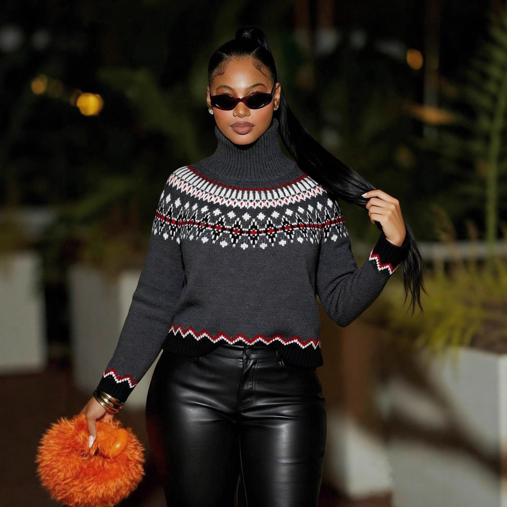 fall/winter high neck jacquard sweater - european & american retro color block ethnic style knit top - fashionable, loose fit, warm top