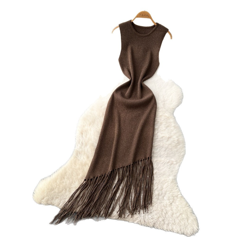 Korean style commute-friendly sleeveless knit dress - women's summer round neck high waist tassel maxi dress - slimming a-line skirt
