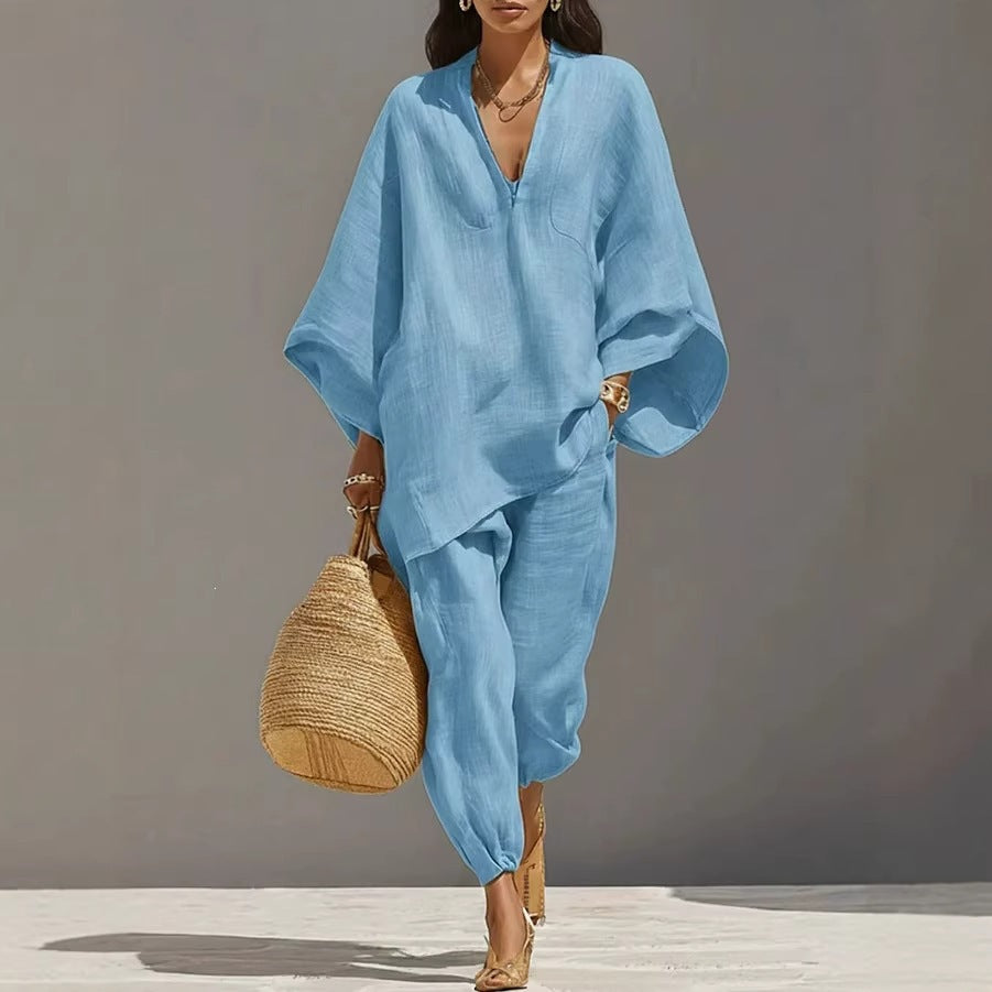spring cross-border women's casual relaxed fit solid color shirt set
