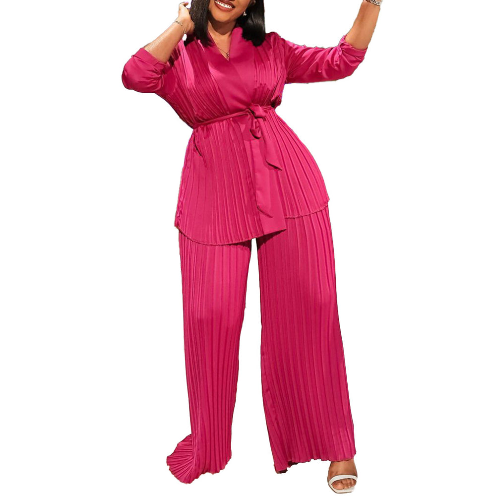 D360 cross-border women's fashion  solid color pleated loose long sleeve tie-up shirt and pants two-piece set - export outfit