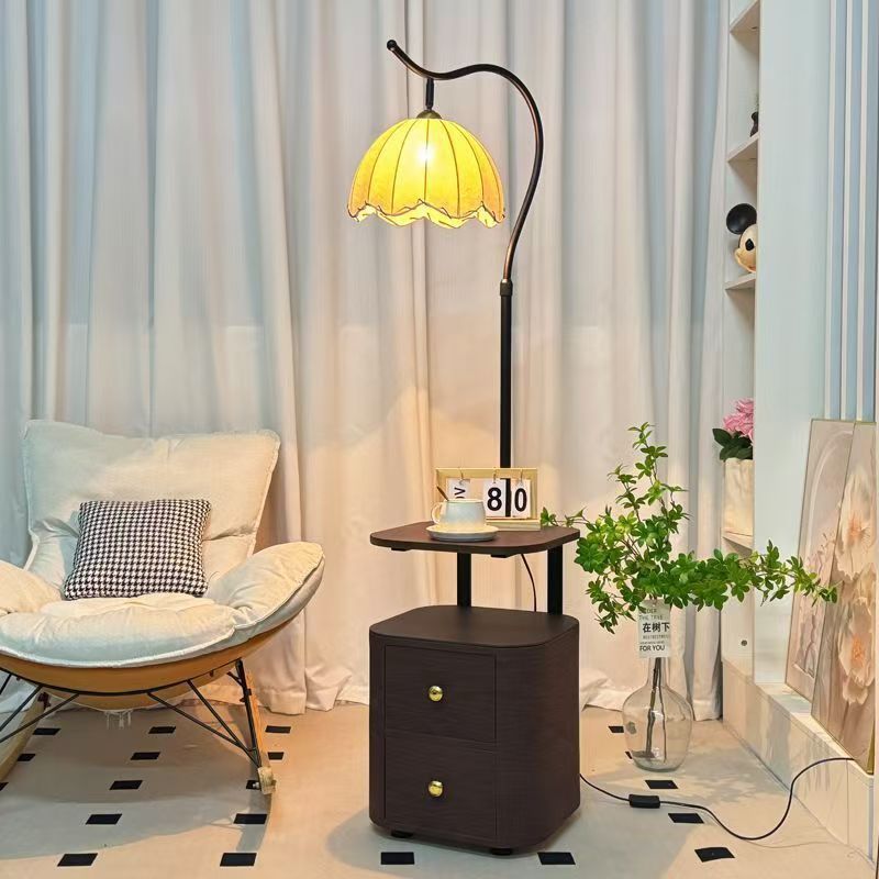 new french style bedside table - multifunctional solid wood nightstand with integrated floor lamp and storage shelf