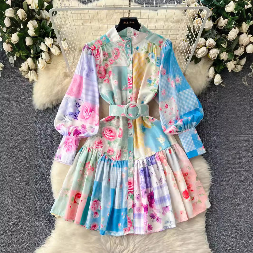 European and american style printed dress - women's niche luxury stand collar lantern sleeve cinched waist single-breasted ruffle hem mini dress