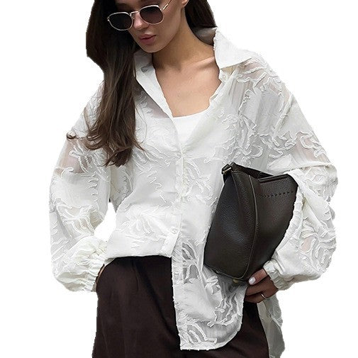 European and American design sense light luxury jacquard long-sleeved white shirt 2025 autumn  women's clothing new niche perspective cardigan