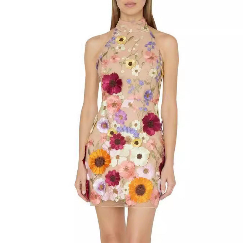 2025 spring collection: european & american style embroidered halter neck bodycon mini dress - perfect for special occasions & work