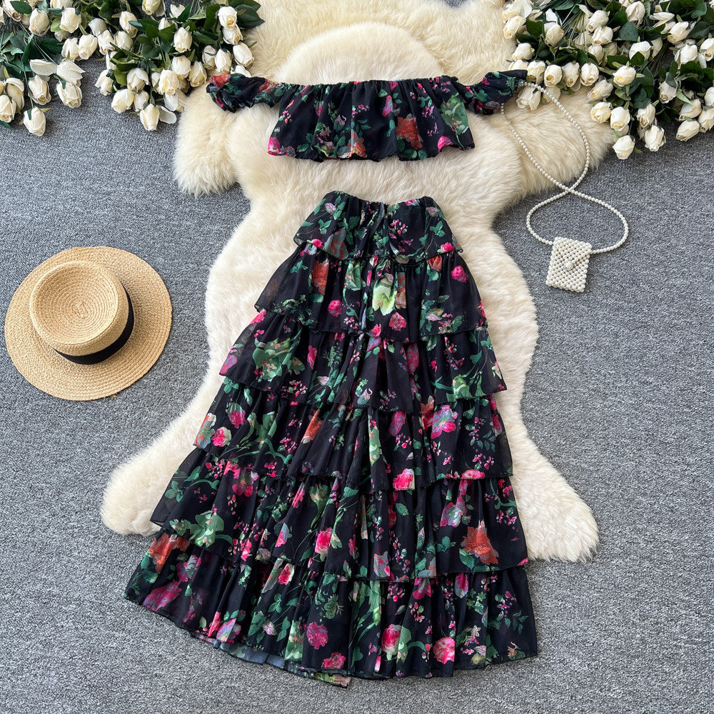 Floral off-the-shoulder bandeau cake dress two-piece set - women's summer sweet & sultry romantic maxi dress outfit