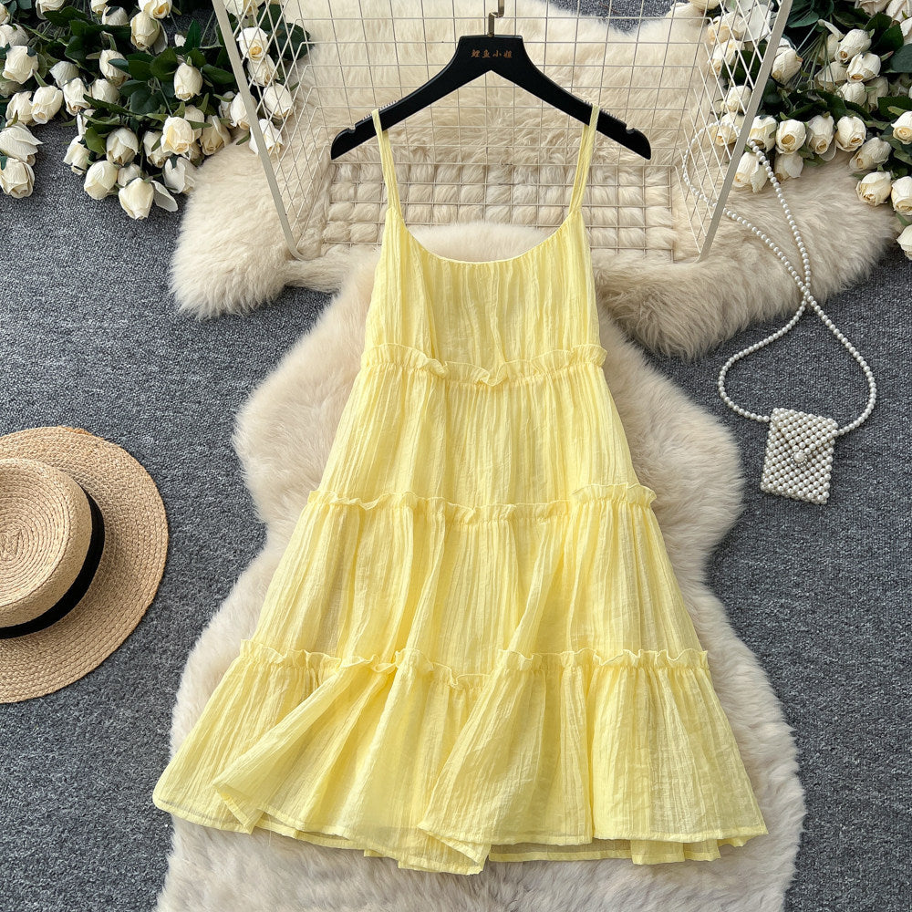 Dopamine yellow ruffle trim cami dress - women's summer korean style cake dress - vacation look, slimming, petite friendly