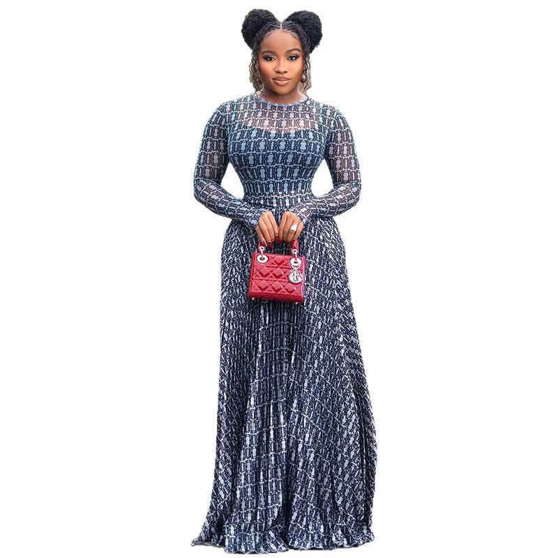 European and american style summer ins foreign trade women's bodycon print streetwear a-line dress with round neck and long sleeves - slightly sheer