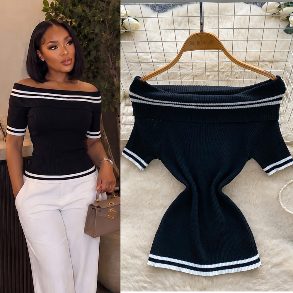 Korean style off-the-shoulder striped knit top - women's summer slim fit white short sleeve top -  new arrival base layer
