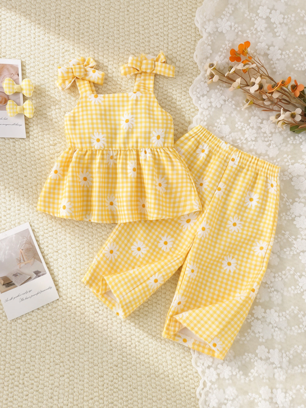 Children's clothing shein cross-border girl suit yellow suspender top + pants two pieces