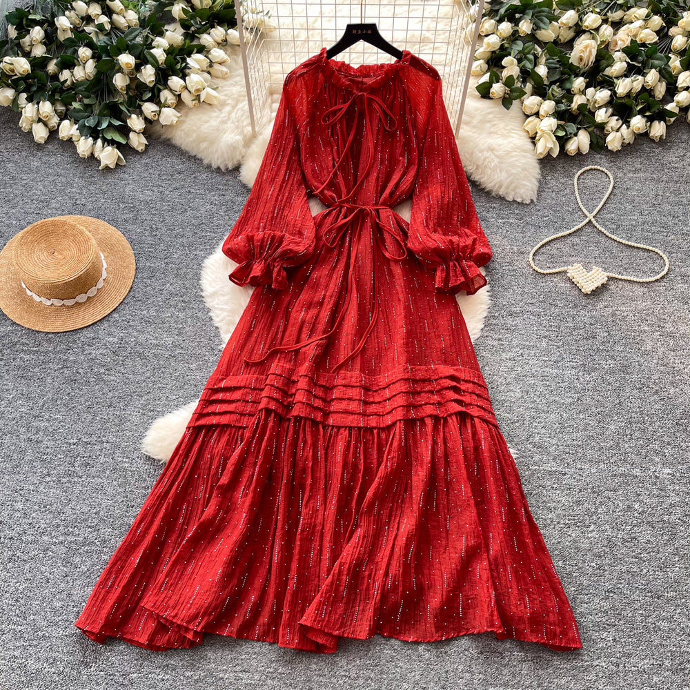 French sweet style lantern sleeve dress - women's spring korean style tie-waist slimming a-line elegant long dress - pink