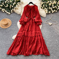 French sweet style lantern sleeve dress - women's spring korean style tie-waist slimming a-line elegant long dress - pink
