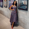 European and american cross-border women's fashion:  summer new collection - chic halter neck plaid ruched bodycon asymmetrical slip dress