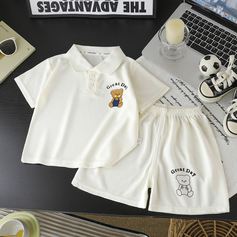 Kids' polo shirt set - boys' and girls' turn-down collar t-shirt, summer waffle knit short sleeve and shorts outfit, wholesale children's clothing (sizes for mid-to-large children)