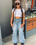 European and american style denim workwear pants  cross-border new arrival women's american street style large flap pocket pants high waiststraight-leg pants