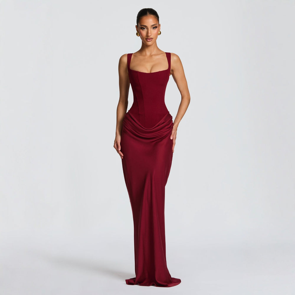 European and american style  spring new arrival: solid color fashion square neck sleeveless slim-fit patchwork ruched bodycon dress