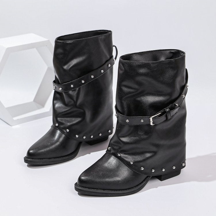 Exportplus size short boots for women  autumn winternew arrivalfashion rivet belt buckle thick heel export trouser boots wholesale