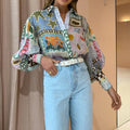 cross-border european and american women's clothing: new summer collection - elegant and chic turn-down collar printed oversized shirt 661