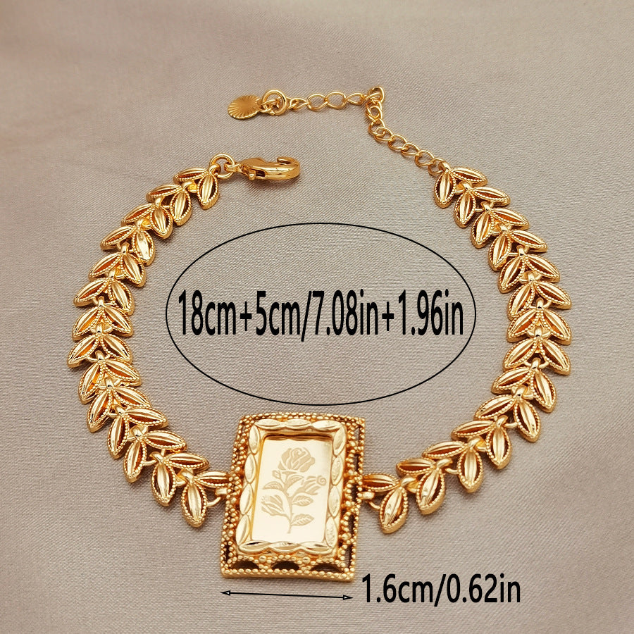 Vintage-inspired rose pattern square pendant bracelet, perfect for women's holiday parties, bridal showers, and weddings