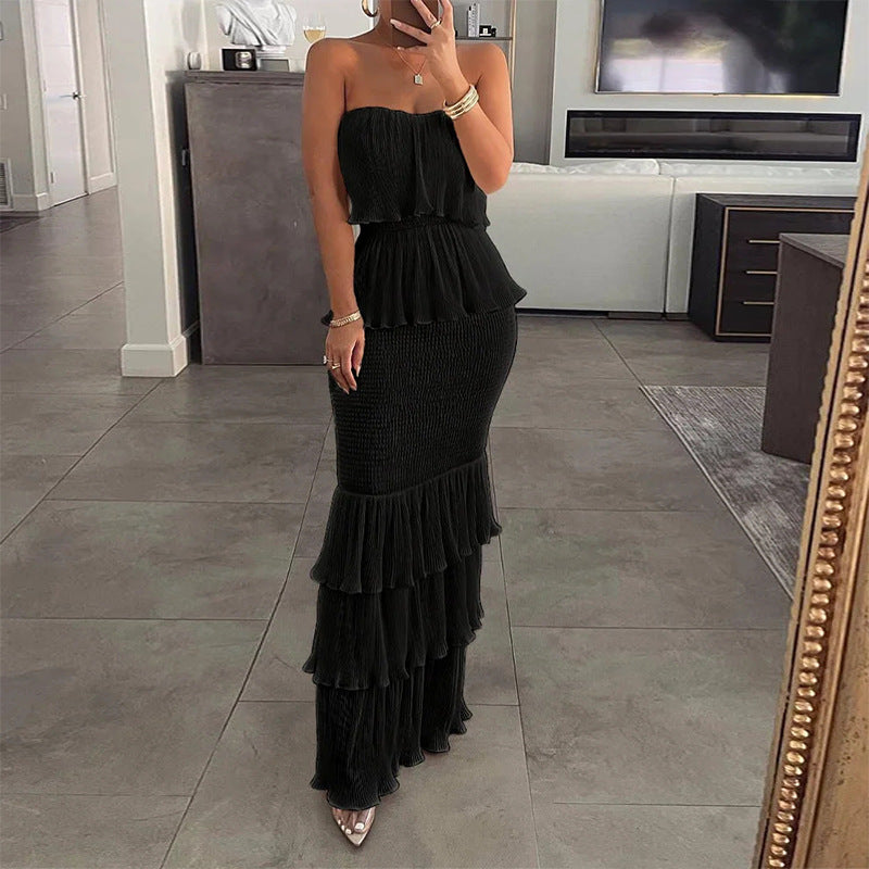 women's summer dress - european & american style export - elegant solid color bandeau cake dress maxi dress