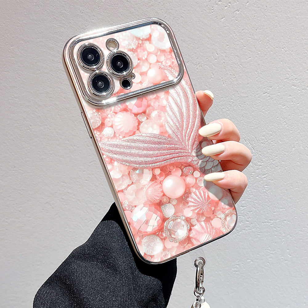 Suitable for iphone16 pink mermaid tail mobile phone case apple 17 girly heart anti-fall electroplated large window soft case