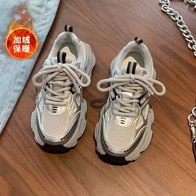 Black chunky platform sneakers for women - autumn/winter 2026 spring new arrivals - height increasing casual athletic shoes for petite women - soft sole women's shoes
