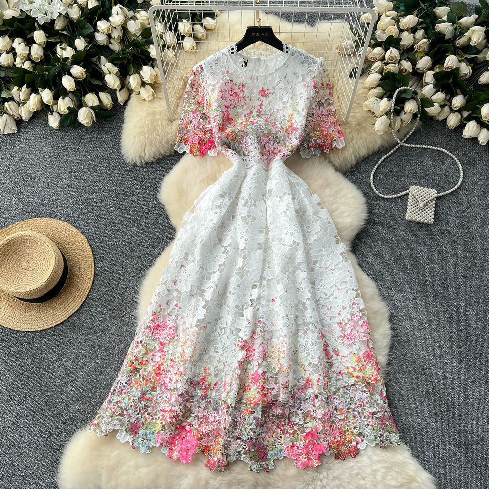 Frenchclassy sense cut out water-soluble laceprintingdress women's slimming look elegant round neck short-sleeved mid-length skirt