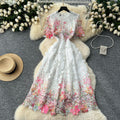 Frenchclassy sense cut out water-soluble laceprintingdress women's slimming look elegant round neck short-sleeved mid-length skirt