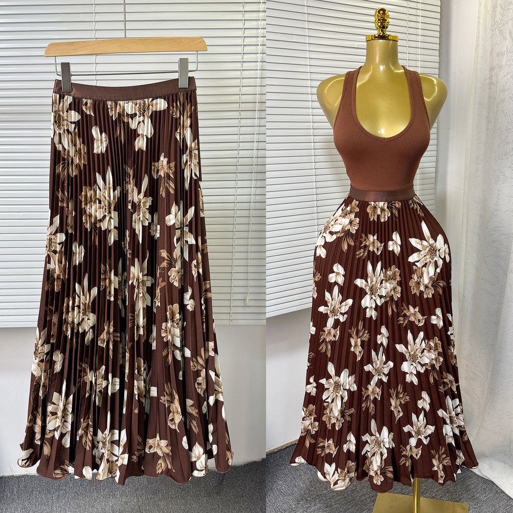 Exportsweeteasiest for matchpleated skirt large swing printing skirt women's frenchhigh waista-line medium long pleated skirt