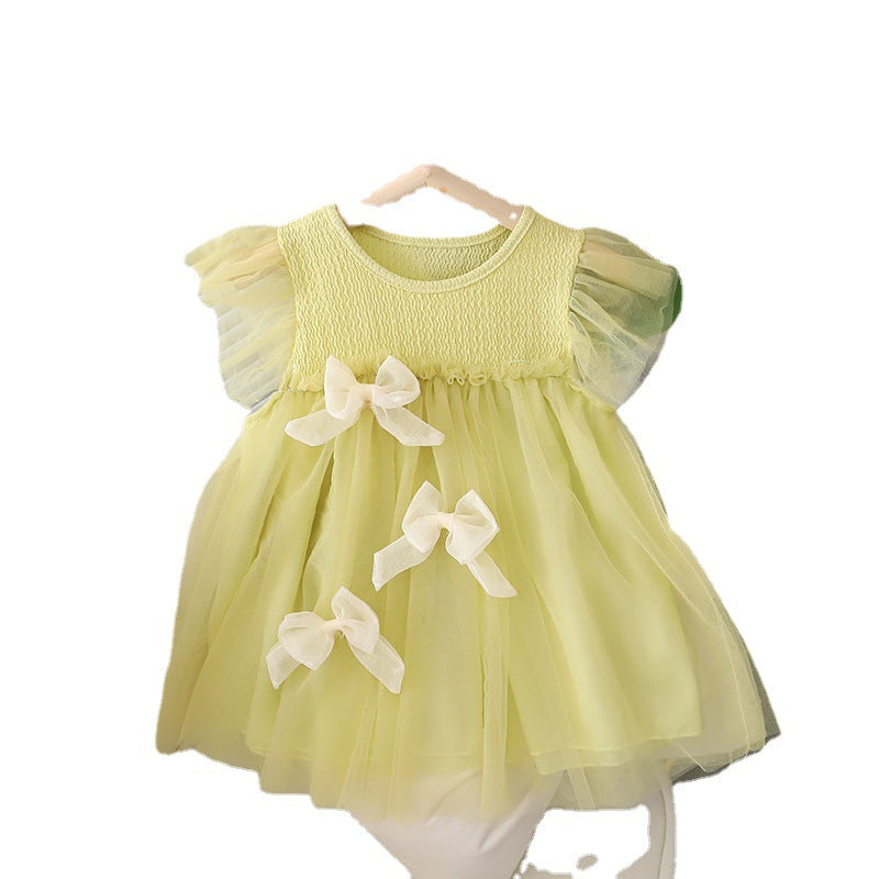 Girls' dress with flutter sleeves, summer baby girl mesh tutu dress, super fairy princess dress, performance bow trendy style