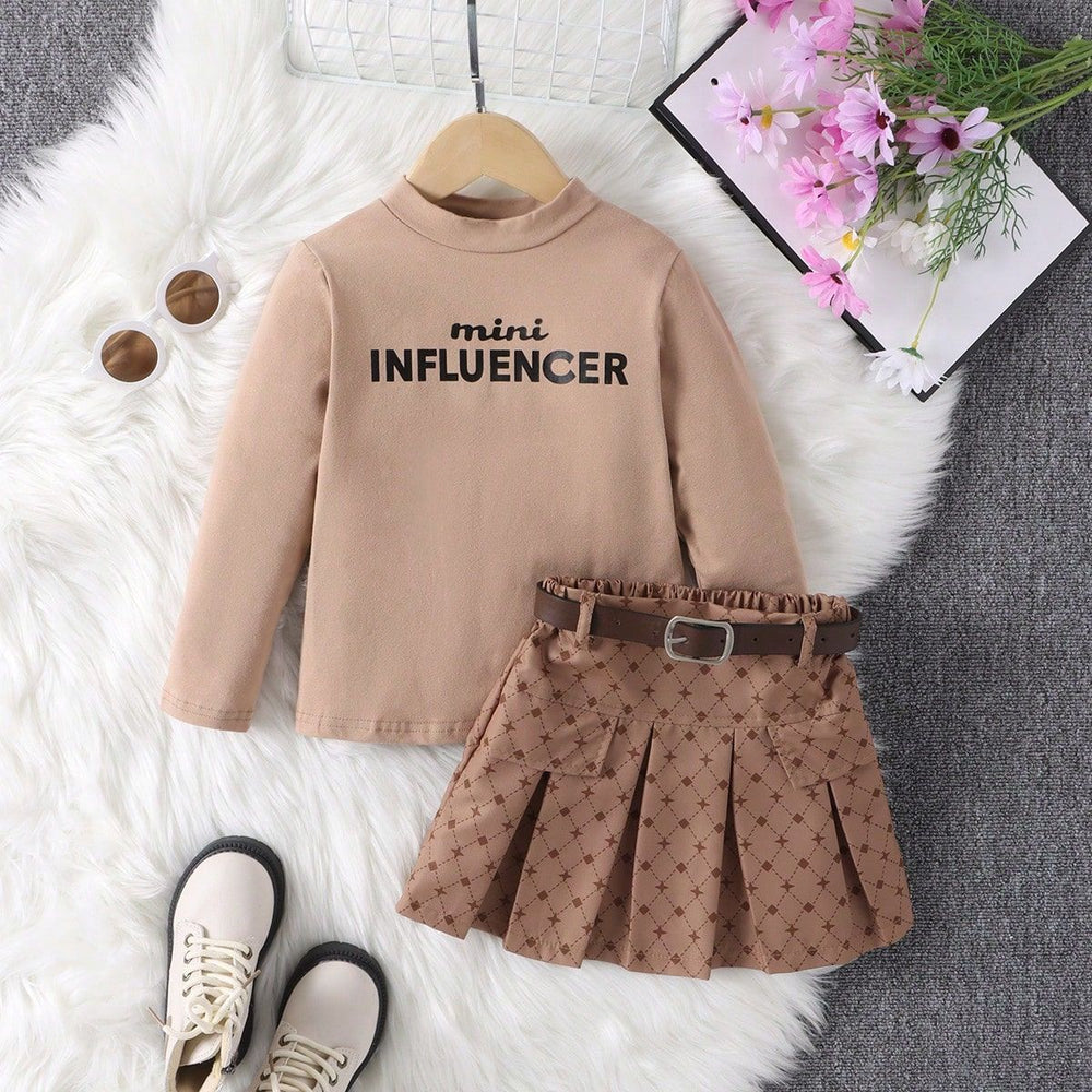 Autumn cross-border exclusive: girls' long-sleeve letter print knit top + pleated plaid skirt two-piece set