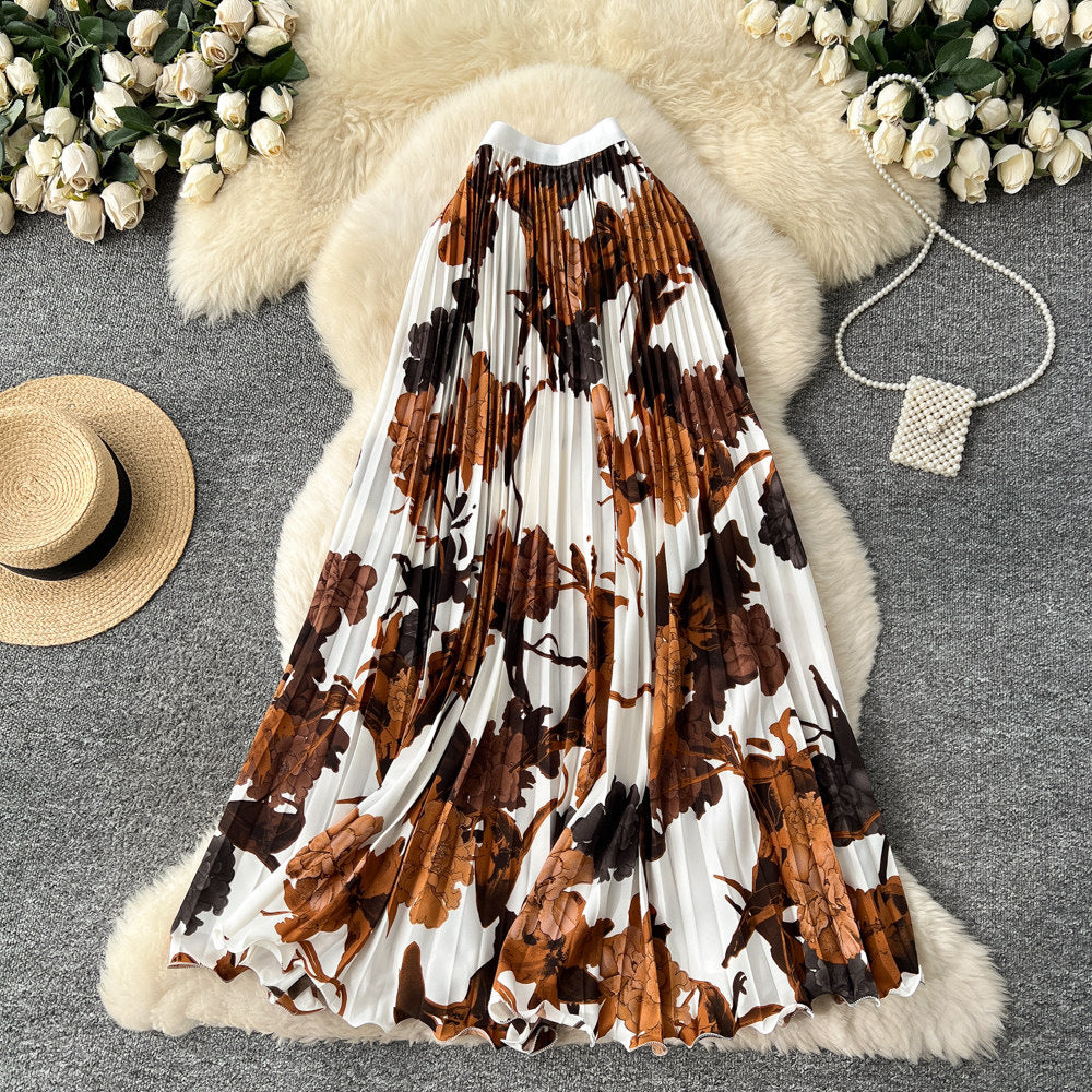 Vintage print pleated elastic waist fashion skirt - women's high-waisted a-line skirt - commute-friendly, flowy maxi skirt for summer