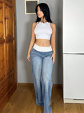 Fashionjeans women's patchwork design wide-leg jeans low-waist cuffed waist drapedslimming lookmoppants