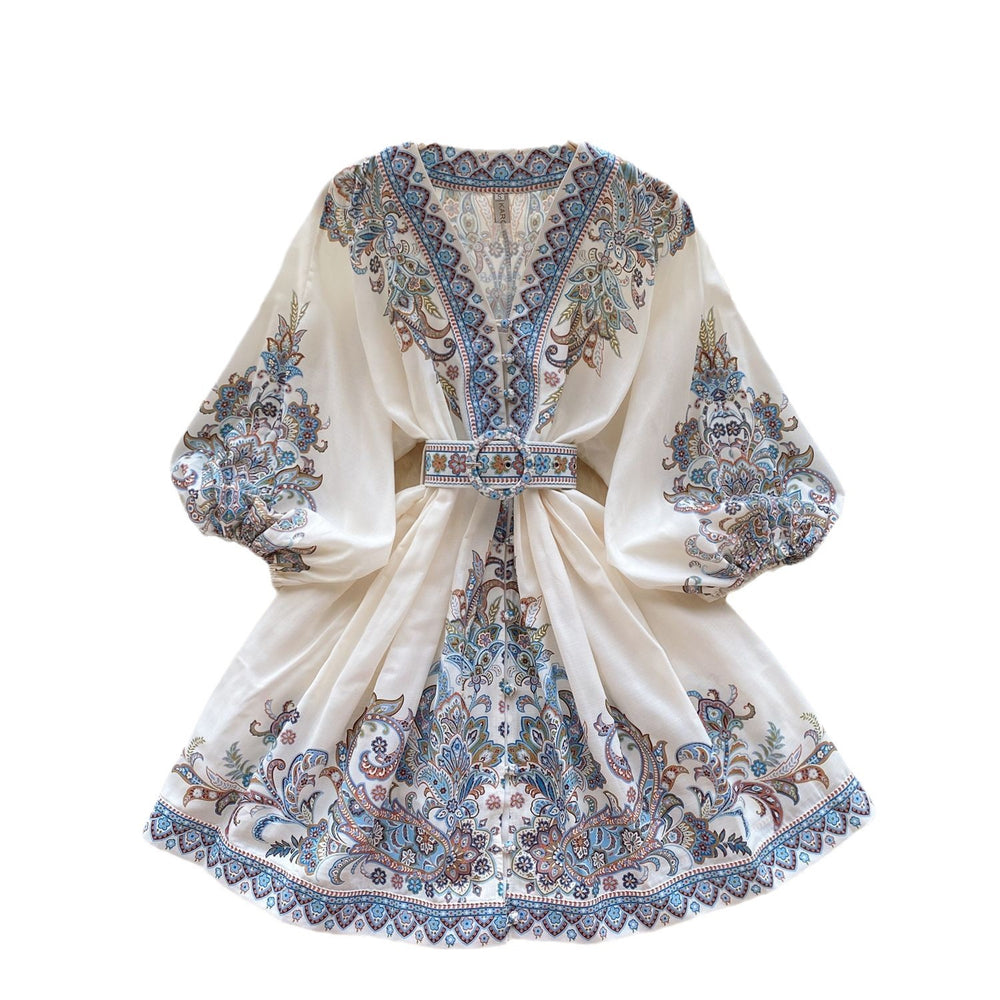 Accessible luxuryfrench palace style printingdress women's v neck puff sleeves waist design niche style socialite elegant skirt